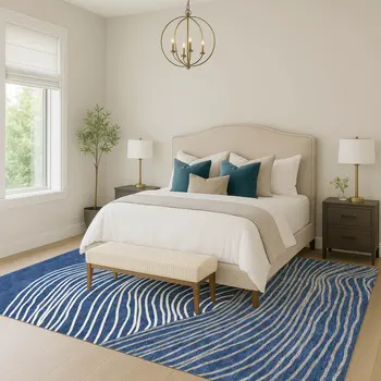 5' X 8' Navy Blue And Ivory Striped Washable Indoor Outdoor Area Rug
