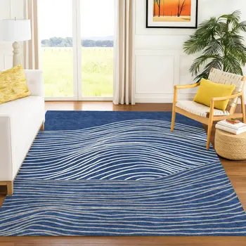 5' X 8' Navy Blue And Ivory Striped Washable Indoor Outdoor Area Rug