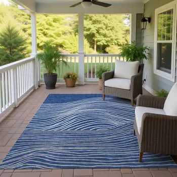 5' X 8' Navy Blue And Ivory Striped Washable Indoor Outdoor Area Rug