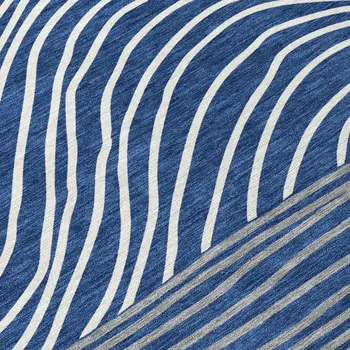 8' Navy Blue And Ivory Round Striped Washable Indoor Outdoor Area Rug