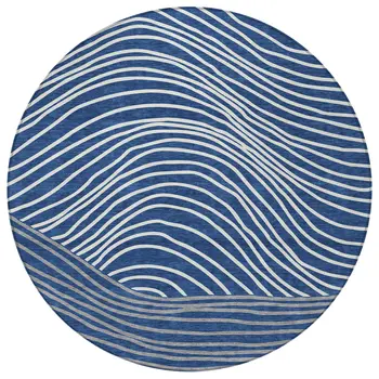 8' Navy Blue And Ivory Round Striped Washable Indoor Outdoor Area Rug