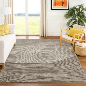5' X 8' Taupe Beige And Brown Striped Washable Indoor Outdoor Area Rug