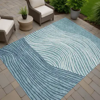 5' X 8' Teal Blue And Ivory Striped Washable Indoor Outdoor Area Rug