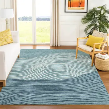 5' X 8' Teal Blue And Ivory Striped Washable Indoor Outdoor Area Rug
