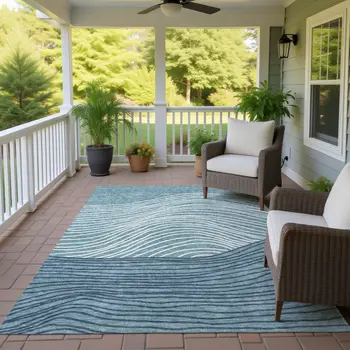 5' X 8' Teal Blue And Ivory Striped Washable Indoor Outdoor Area Rug