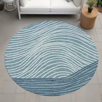 8' Teal Blue And Ivory Round Striped Washable Indoor Outdoor Area Rug