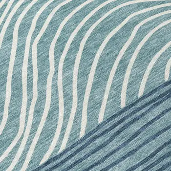 8' Teal Blue And Ivory Round Striped Washable Indoor Outdoor Area Rug