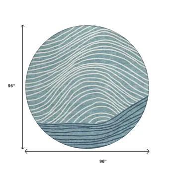 8' Teal Blue And Ivory Round Striped Washable Indoor Outdoor Area Rug