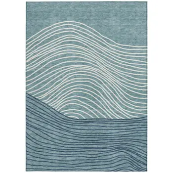8' X 10' Teal Blue And Ivory Striped Washable Indoor Outdoor Area Rug