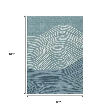 10' X 14' Teal Blue And Ivory Striped Washable Indoor Outdoor Area Rug