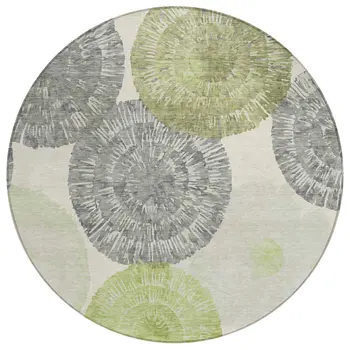 8' Artichoke Green Ivory And Gray Round Abstract Washable Indoor Outdoor Area Rug