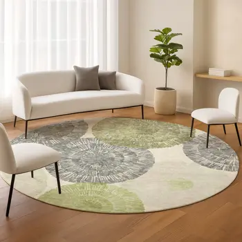 8' Artichoke Green Ivory And Gray Round Abstract Washable Indoor Outdoor Area Rug
