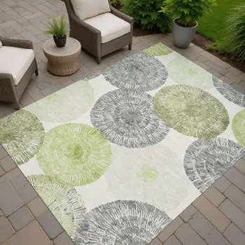 9' X 12' Artichoke Green Ivory And Gray Abstract Washable Indoor Outdoor Area Rug