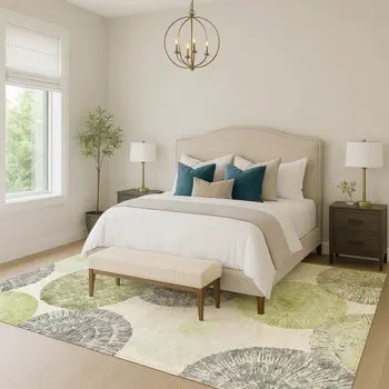 9' X 12' Artichoke Green Ivory And Gray Abstract Washable Indoor Outdoor Area Rug