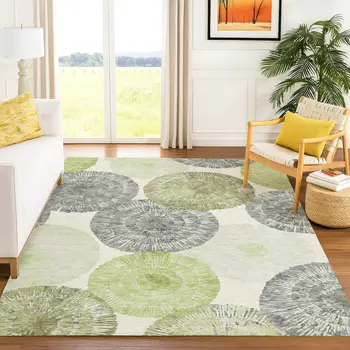 9' X 12' Artichoke Green Ivory And Gray Abstract Washable Indoor Outdoor Area Rug