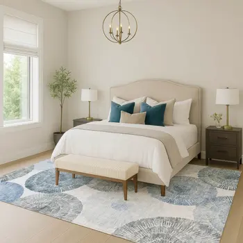 3' X 5' Denim Blue Ivory And Gray Abstract Washable Indoor Outdoor Area Rug
