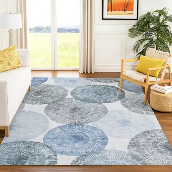3' X 5' Denim Blue Ivory And Gray Abstract Washable Indoor Outdoor Area Rug