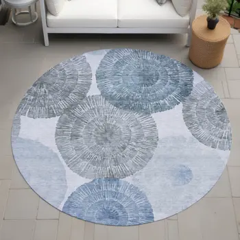 8' Denim Blue Ivory And Gray Round Abstract Washable Indoor Outdoor Area Rug