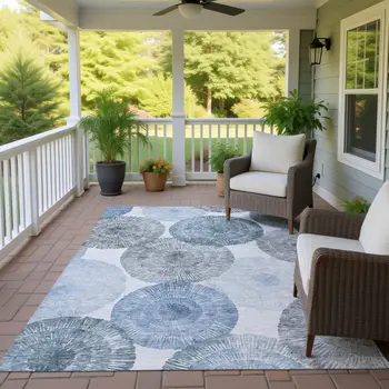 9' X 12' Denim Blue Ivory And Gray Abstract Washable Indoor Outdoor Area Rug