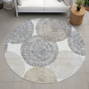 8' Linen Ivory And Beige Round Abstract Washable Indoor Outdoor Area Rug