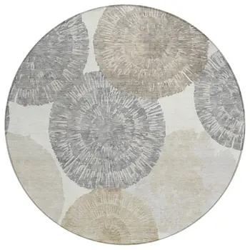 8' Linen Ivory And Beige Round Abstract Washable Indoor Outdoor Area Rug