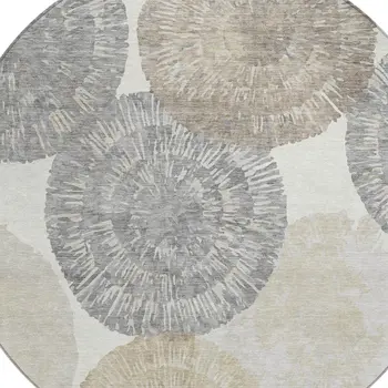 8' Linen Ivory And Beige Round Abstract Washable Indoor Outdoor Area Rug