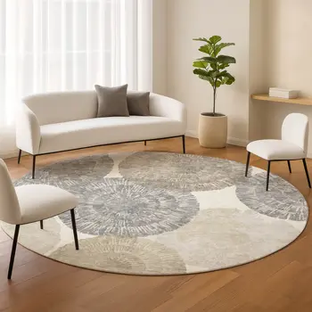 8' Linen Ivory And Beige Round Abstract Washable Indoor Outdoor Area Rug
