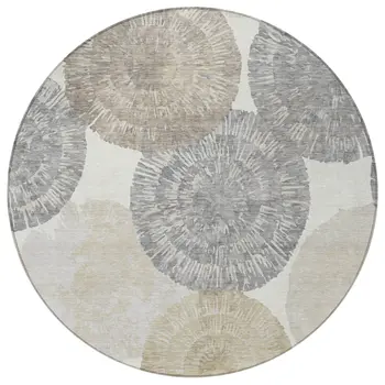 8' Linen Ivory And Beige Round Abstract Washable Indoor Outdoor Area Rug
