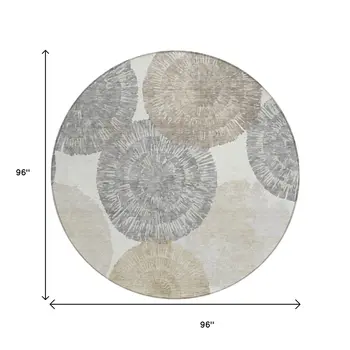 8' Linen Ivory And Beige Round Abstract Washable Indoor Outdoor Area Rug
