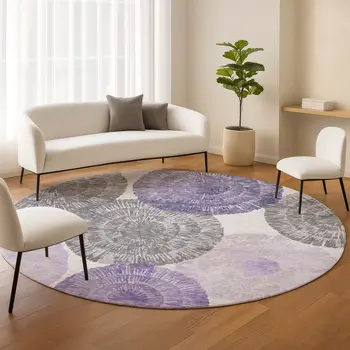 8' Plum Ivory And Khaki Round Abstract Washable Indoor Outdoor Area Rug