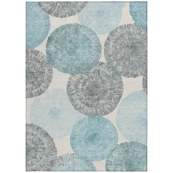 5' X 8' Teal Blue Ivory And Gray Abstract Washable Indoor Outdoor Area Rug
