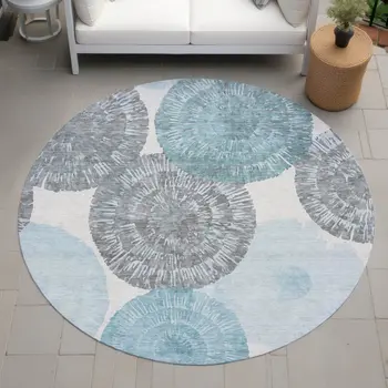 8' Teal Blue Ivory And Gray Round Abstract Washable Indoor Outdoor Area Rug