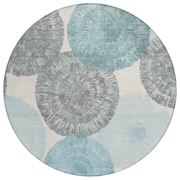 8' Teal Blue Ivory And Gray Round Abstract Washable Indoor Outdoor Area Rug