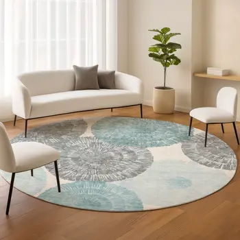 8' Teal Blue Ivory And Gray Round Abstract Washable Indoor Outdoor Area Rug
