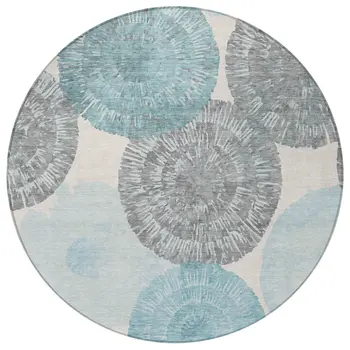8' Teal Blue Ivory And Gray Round Abstract Washable Indoor Outdoor Area Rug
