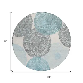 8' Teal Blue Ivory And Gray Round Abstract Washable Indoor Outdoor Area Rug