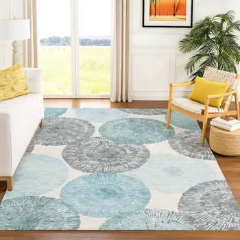 9' X 12' Teal Blue Ivory And Gray Abstract Washable Indoor Outdoor Area Rug