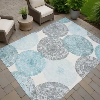 10' X 14' Teal Blue Ivory And Gray Abstract Washable Indoor Outdoor Area Rug
