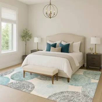10' X 14' Teal Blue Ivory And Gray Abstract Washable Indoor Outdoor Area Rug