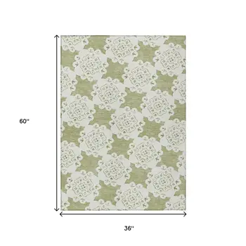 3' X 5' Artichoke Green And Ivory Quatrefoil Washable Indoor Outdoor Area Rug