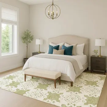 3' X 5' Artichoke Green And Ivory Quatrefoil Washable Indoor Outdoor Area Rug