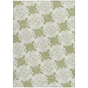 5' X 8' Artichoke Green And Ivory Quatrefoil Washable Indoor Outdoor Area Rug