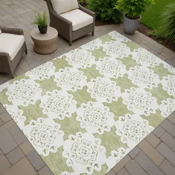 5' X 8' Artichoke Green And Ivory Quatrefoil Washable Indoor Outdoor Area Rug