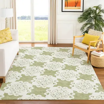 5' X 8' Artichoke Green And Ivory Quatrefoil Washable Indoor Outdoor Area Rug
