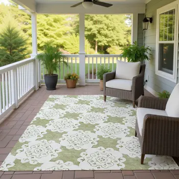 5' X 8' Artichoke Green And Ivory Quatrefoil Washable Indoor Outdoor Area Rug