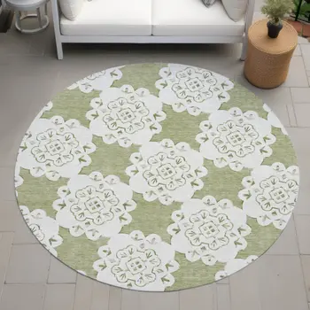8' Artichoke Green And Ivory Round Quatrefoil Washable Indoor Outdoor Area Rug