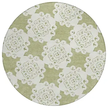 8' Artichoke Green And Ivory Round Quatrefoil Washable Indoor Outdoor Area Rug
