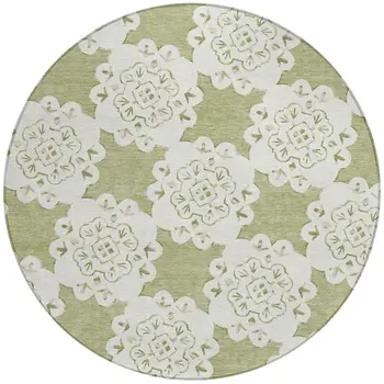 8' Artichoke Green And Ivory Round Quatrefoil Washable Indoor Outdoor Area Rug