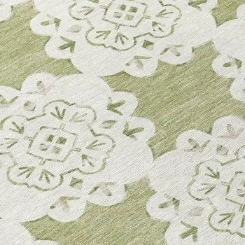8' Artichoke Green And Ivory Round Quatrefoil Washable Indoor Outdoor Area Rug