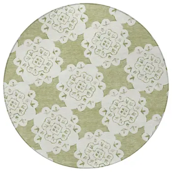 8' Artichoke Green And Ivory Round Quatrefoil Washable Indoor Outdoor Area Rug